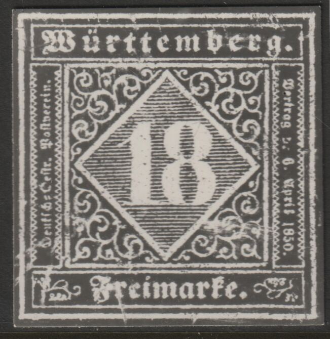 Germany - Wurttemberg 1851 Numeral 18k twice stamp-size Photographic print from Speratis own negative with BPA handstamp on back, superb reference, stamps on sperati, stamps on forgery, stamps on 