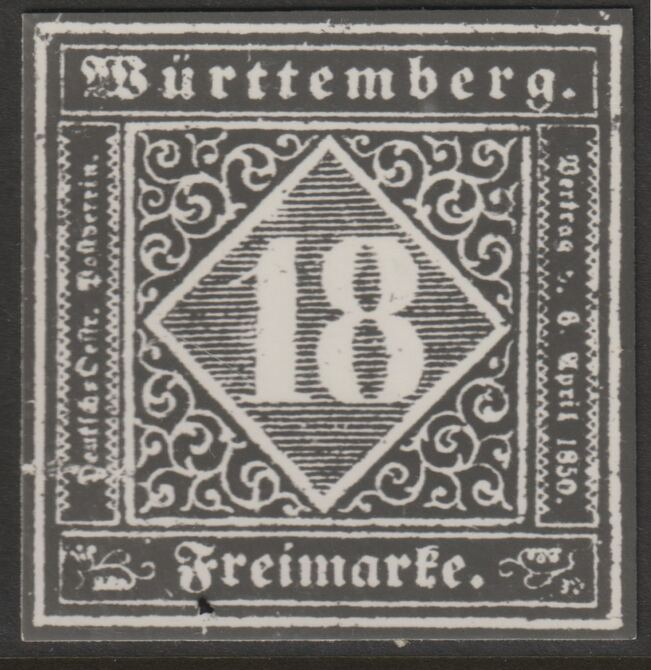 Germany - Wurttemberg 1851 Numeral 18k twice stamp-size Photographic print from Speratis own negative with BPA handstamp on back, superb reference, stamps on sperati, stamps on forgery, stamps on 