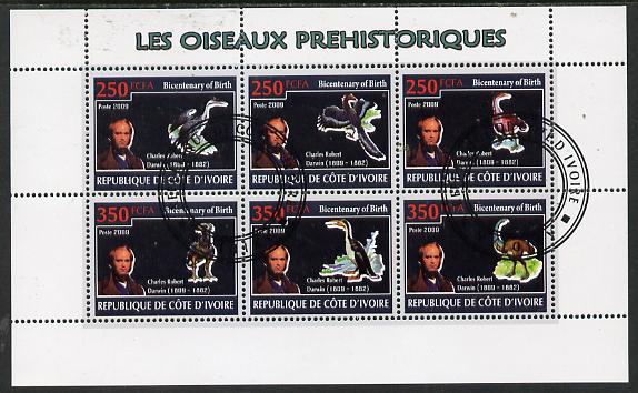 Ivory Coast 2009 Charles Darwin - Prehistoric Birds perf sheetlet containing 6 values fine cto used, stamps on , stamps on personalities, stamps on science, stamps on , stamps on birds, stamps on dinosaurs, stamps on darwin