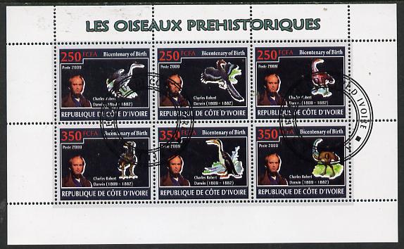 Ivory Coast 2009 Charles Darwin - Prehistoric Birds perf sheetlet containing 6 values fine cto used, stamps on , stamps on  stamps on , stamps on  stamps on personalities, stamps on  stamps on science, stamps on  stamps on , stamps on  stamps on birds, stamps on  stamps on dinosaurs, stamps on  stamps on darwin