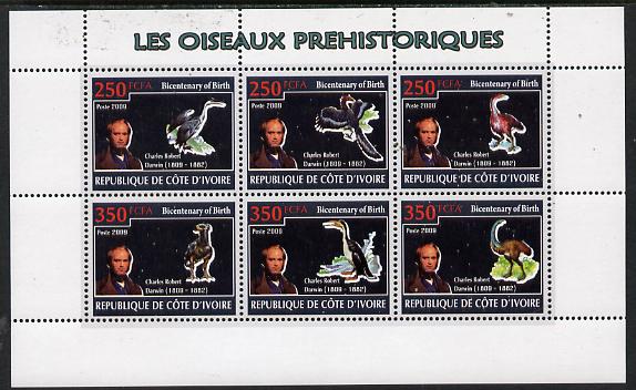 Ivory Coast 2009 Charles Darwin - Prehistoric Birds perf sheetlet containing 6 values unmounted mint, stamps on , stamps on  stamps on , stamps on  stamps on personalities, stamps on  stamps on science, stamps on  stamps on , stamps on  stamps on birds, stamps on  stamps on dinosaurs, stamps on  stamps on darwin