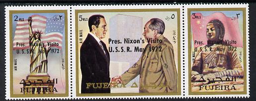 Fujeira 1972 Pres Nixons visit to USSR optd strip of 3 unmounted mint (Mi 1484-86A) , stamps on constitutions  personalities   monuments     flags    civil engineering    statues    usa presidents