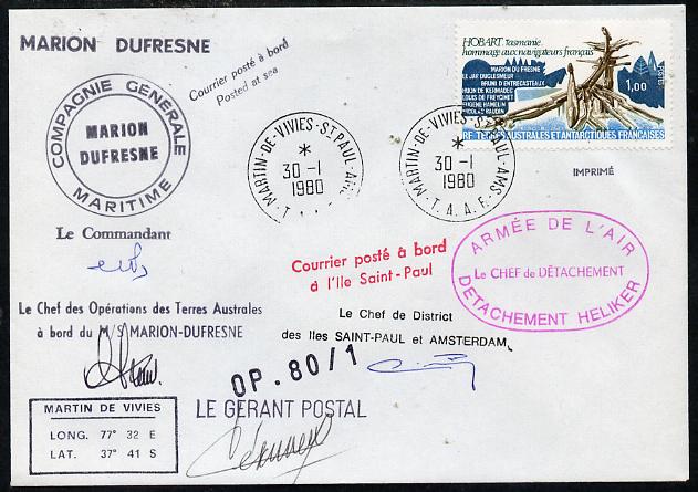 French Southern & Antarctic Territories 1980 cover bearing Navigators stamp (SG 127) with Martin de Vivies cancel, various cachets incl Posted at Sea, Compagnie Generale Maritime & Marion Dufresne and signed by 4 appropriate Officials, stamps on , stamps on  stamps on explorers, stamps on  stamps on polar