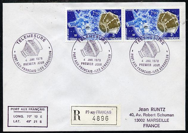 French Southern & Antarctic Territories 1978 Registered cover to France bearing 2 x 2f70 Satellite Stamps (SG 120) with Telemesure Port Aux Francais pictorial cancel, stamps on , stamps on  stamps on space, stamps on  stamps on communications