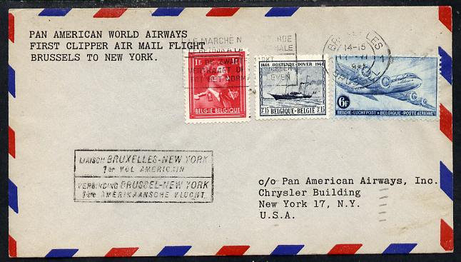 Belgium 1946 Pan American Airways First Clipper Air Mail Flight cover to USA with special 'Brussels to New York' Cachet and bearing Paddle Steamer & Air stamps (SG 1165 & 1176), stamps on , stamps on  stamps on aviation    ships