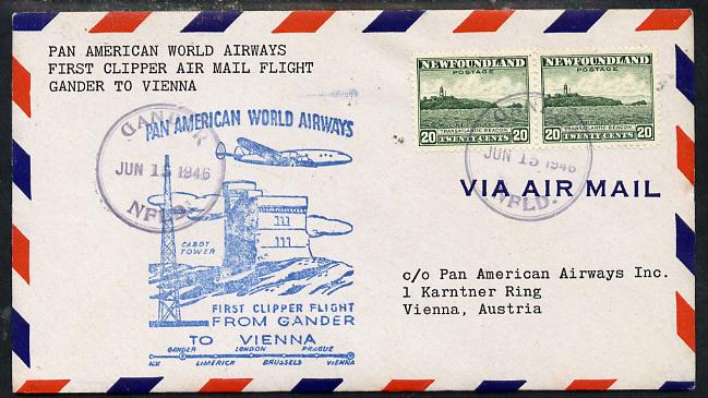 Newfoundland 1946 Pan American Airways First Clipper Air Mail Flight cover to Austria with special 'Gander to Vienna' Illustrated Cachet and bearing 2 x 20c (Cape Race & Beacon) adhesives (SG 286), stamps on aviation    lighthouses, stamps on  kg6 , stamps on 