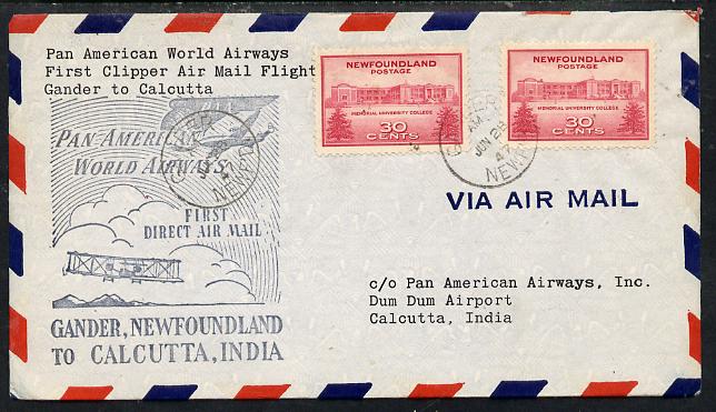 Newfoundland 1946 Pan American Airways First Clipper Air Mail Flight cover to India with special 'Gander to Calcutta' Illustrated Cachet and bearing 2 x 30c (Memorial University College) adhesives (SG 290), stamps on aviation, stamps on  kg6 , stamps on education