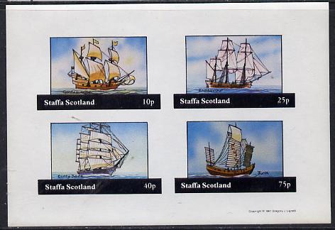 Staffa 1981 Sailing Ships (Golden Hind, Endeavour, Cutty Sark & Junk) imperf  set of 4 values (10p to 75p) unmounted mint, stamps on , stamps on  stamps on ships, stamps on cook, stamps on drinks, stamps on yachts, stamps on sailing, stamps on  stamps on  tea , stamps on  stamps on drake