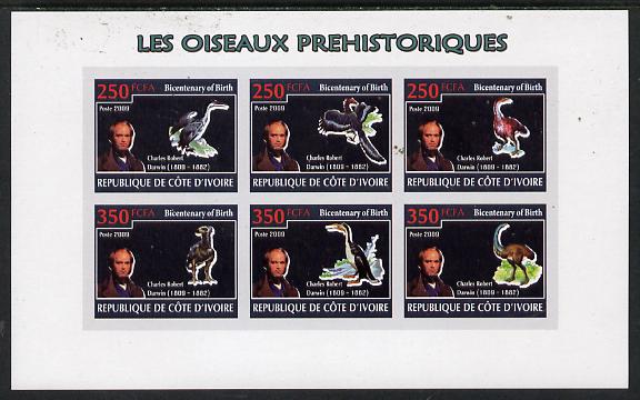 Ivory Coast 2009 Charles Darwin - Prehistoric Birds imperf sheetlet containing 6 values unmounted mint, stamps on , stamps on personalities, stamps on science, stamps on , stamps on birds, stamps on dinosaurs, stamps on darwin