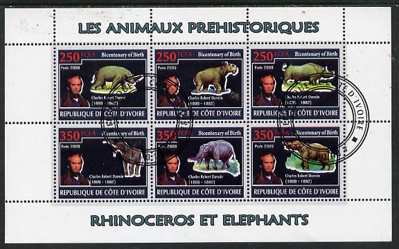 Ivory Coast 2009 Charles Darwin - Prehistoric Animals perf sheetlet containing 6 values fine cto used, stamps on , stamps on  stamps on , stamps on  stamps on personalities, stamps on  stamps on science, stamps on  stamps on dinosaurs, stamps on  stamps on darwin