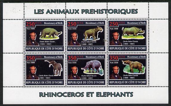 Ivory Coast 2009 Charles Darwin - Prehistoric Animals perf sheetlet containing 6 values unmounted mint, stamps on , stamps on personalities, stamps on science, stamps on dinosaurs, stamps on darwin