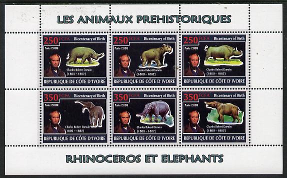 Ivory Coast 2009 Charles Darwin - Prehistoric Animals perf sheetlet containing 6 values unmounted mint, stamps on , stamps on  stamps on , stamps on  stamps on personalities, stamps on  stamps on science, stamps on  stamps on dinosaurs, stamps on  stamps on darwin