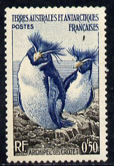 French Southern & Antarctic Territories 1956-60 Rockhopper Penguins 50c unmounted mint,  SG 4, stamps on penguins, stamps on polar