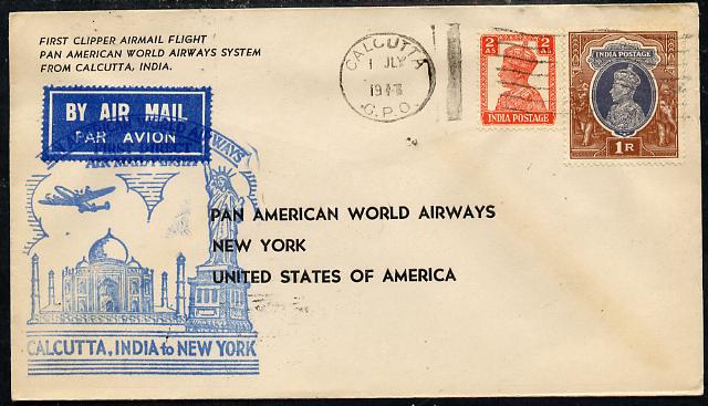 India 1947 Pan American Airways First Clipper Air Mail Flight cover to USA with special 'Calcutta to New York' Illustrated Cachet (Statue of Liberty & Taj Mahal) in blue bearing KG6 2as & 1r, stamps on , stamps on  stamps on aviation, stamps on civil engineering, stamps on  kg6 , stamps on buildings    statues    americana