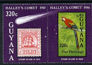 Guyana 1986 Halley's Comet se-tenant pair unmounted mint, SG 1744-5, stamps on space, stamps on stamp on stamp, stamps on birds, stamps on parrots, stamps on halley, stamps on stamponstamp