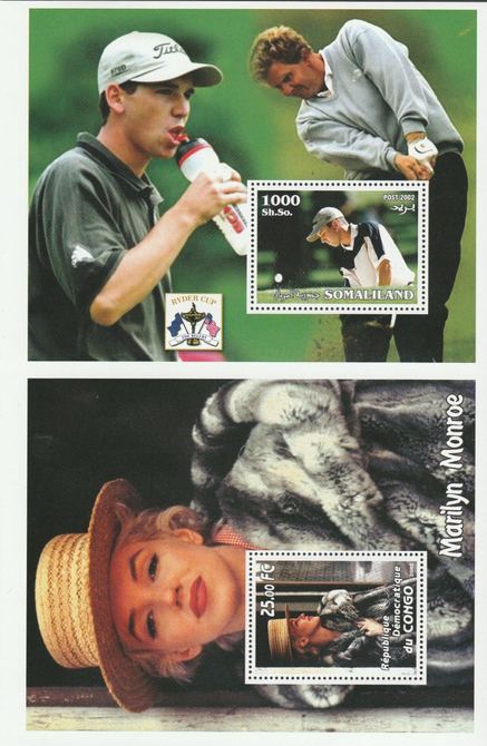 Congo & Somaliland 2002 uncut proof pair of perforated m/sheets (Golf & Marilyn) unmounted mint. Note this item is privately produced and is offered purely on its themati..., stamps on golf, stamps on  marilyn