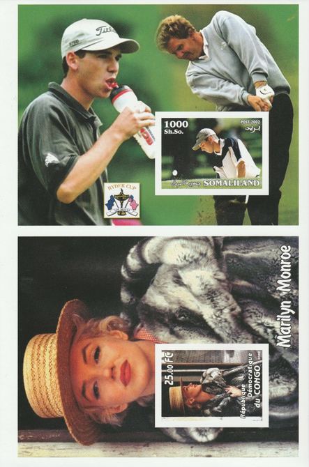 Congo & Somaliland 2002 uncut proof pair of imperf m/sheets (Golf & Marilyn) unmounted mint. Note this item is privately produced and is offered purely on its thematic appeal,(overall size approx 230 x 155 mm),This item has no postal validity, stamps on , stamps on stamps on golf, stamps on stamps on marilyn