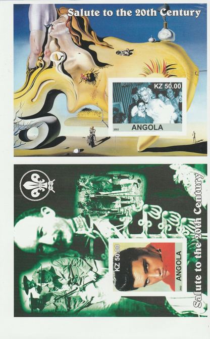 Angola 2002 uncut proof pair of imperf m/sheets (Elvis, Dali, Scouts & Marilyn) unmounted mint. Note this item is privately produced and is offered purely on its thematic appeal  (overall size approx 230 x 155 mm)  This item has no postal validity                                                                                                                                                                                                                                                                                                                                                                                                                                                                                                                                                                                                                                                                                                                                                                                                                                                                                               , stamps on , stamps on  stamps on elvis, stamps on  stamps on dali, stamps on  stamps on scouts, stamps on  stamps on marilyn