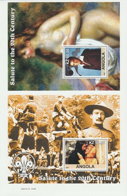 Angola 2002 uncut proof pair of perforated m/sheets (Elvis, Scouts & Renoir) unmounted mint. Note this item is privately produced and is offered purely on its thematic ap..., stamps on elvis, stamps on scouts, stamps on renoir