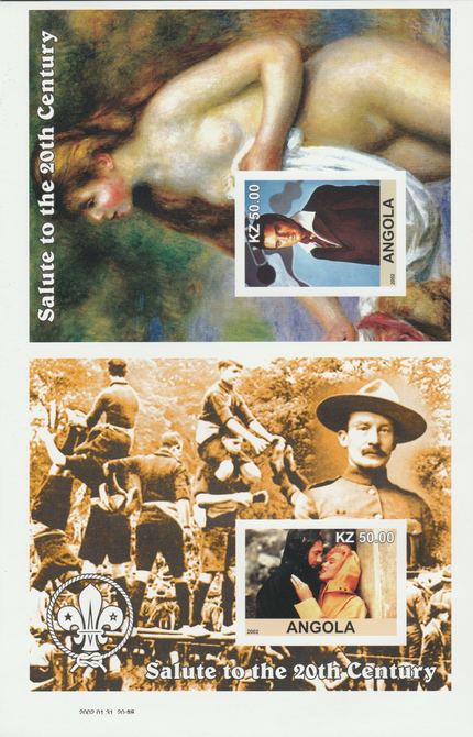 Angola 2002 uncut proof pair of imperf m/sheets (Elvis, Scouts & Renoir) unmounted mint. Note this item is privately produced and is offered purely on its thematic appeal  (overall size 230 x 155 mm)                                                                                                                                                                                                                                                                                                                                                                                                                                                                                                                                                                                                                                                                                                                                                                                                                                                                                                  , stamps on , stamps on  stamps on elvis, stamps on  stamps on scouts, stamps on  stamps on renoir