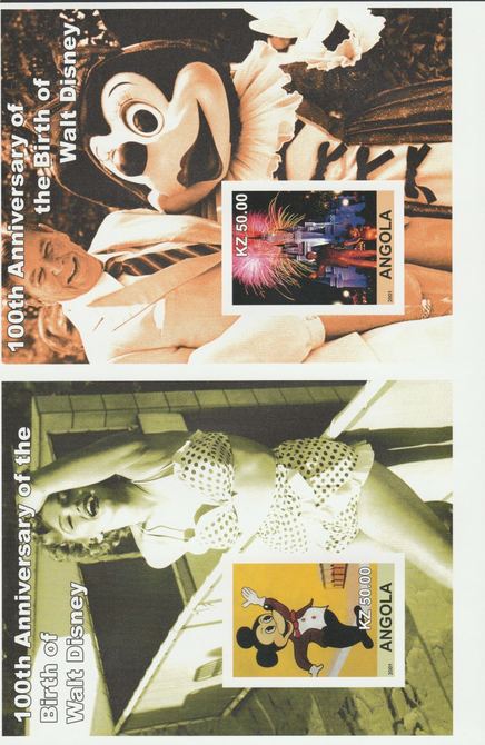 Angola 2001 uncut proof pair of perforated m/sheets (Walt Disney & Marilyn) unmounted mint. Note this item is privately produced and is offered purely on its thematic appeal  (overall size approx 230 x 155 mm)  This item has no postal validity                                                                                                                                                                                                                                                                                                                                                                                                                                                                                                                                                                                                                                                                                                                                                                                                                                                                                               , stamps on disney, stamps on marilyn