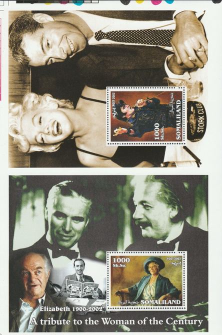 Somaliland 2002 uncut proof pair of perforated m/sheets (Elvis, Walt Disney, Queen Mother & Marilyn) unmounted mint. Note this item is privately produced and is offered purely on its thematic appeal  (overall size approx 230 x 155 mm)  This item has no postal validity                                                                                                                                                                                                                                                                                                                                                                                                                                                                                                                                                                                                                                                                                                                                                                                                                                                                                               , stamps on elvis, stamps on disney, stamps on royalty, stamps on  marilyn