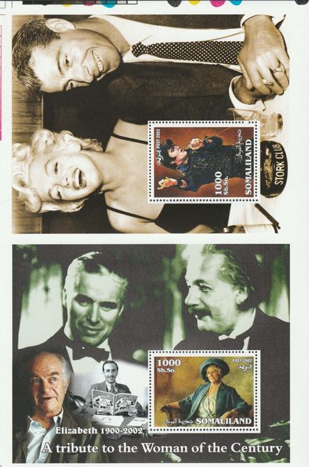 Somaliland 2002 uncut proof pair of perforated m/sheets (Elvis, Walt Disney, Queen Mother & Marilyn) unmounted mint. Note this item is privately produced and is offered p..., stamps on elvis, stamps on disney, stamps on royalty, stamps on  marilyn