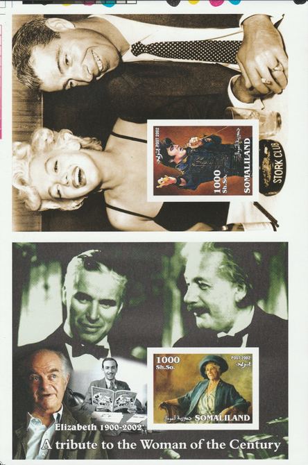 Somaliland 2002 uncut proof pair of imperf m/sheets (Elvis, Walt Disney, Queen Mother & Marilyn) unmounted mint. Note this item is privately produced and is offered purel..., stamps on elvis, stamps on disney, stamps on royalty, stamps on  marilyn