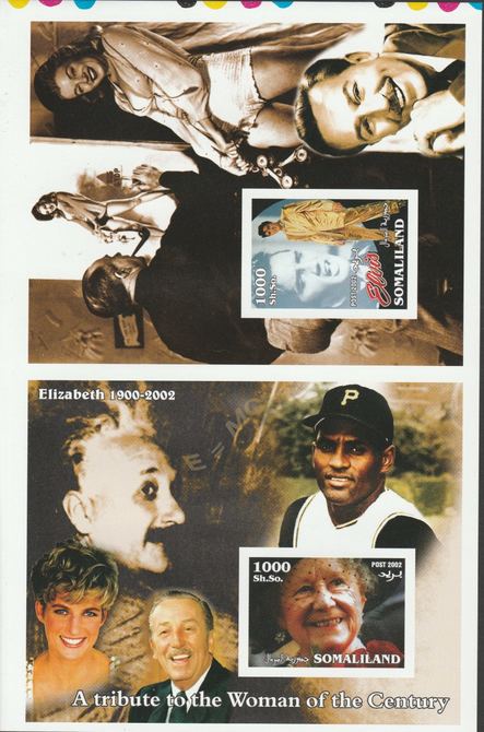 Somaliland 2002 uncut proof pair of imperf m/sheets (Elvis, Walt Disney, Einstein, Diana, Queen Mother & Marilyn) unmounted mint. Note this item is privately produced and..., stamps on elvis, stamps on disney, stamps on royalty, stamps on  marilyn, stamps on einstein