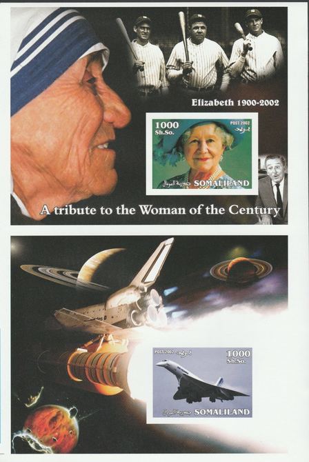 Somaliland 2002 uncut proof pair of imperf m/sheets (Mother Teresa, Baseball, Space, Concorde & Queen Mother) unmounted mint. Note this item is privately produced and is ..., stamps on , stamps on royalty, stamps on baseball, stamps on concorde, stamps on space, stamps on teresa