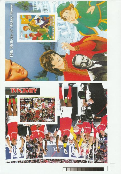 Benin 2002 uncut proof pair of imperf m/sheets (Arsenal Football Team. Mickey Mouse, Walt Disney & Elvis) unmounted mint. Note this item is privately produced and is offered purely on its thematic appeal  (overall size 230 x 155 mm)                                                                                                                                                                                                                                                                                                                                                                                                                                                                                                                                                                                                                                                                                                                                                                                                                                                                                                  , stamps on elvis, stamps on disney, stamps on football, stamps on 