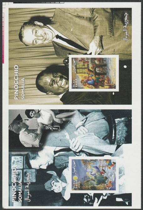 Somalia 2001 uncut proof pair of imperf m/sheets (Walt Disney, Pinocchio & Louis Armstrong) unmounted mint. Note this item is privately produced and is offered purely on its thematic appeal  (overall size 230 x 155 mm)                                                                                                                                                                                                                                                                                                                                                                                                                                                                                                                                                                                                                                                                                                                                                                                                                                                                                                  , stamps on , stamps on  stamps on disney, stamps on  stamps on jazz