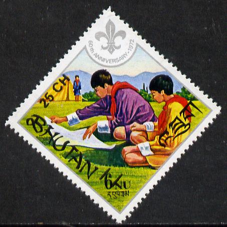 Bhutan 1978 Boy Scouts 25ch on 6ch diamond shaped from Prov Surcharge set of 26 of which only 2,600 sets were issued, unmounted mint SG 391, Mi 690*, stamps on , stamps on  stamps on scouts           diamond