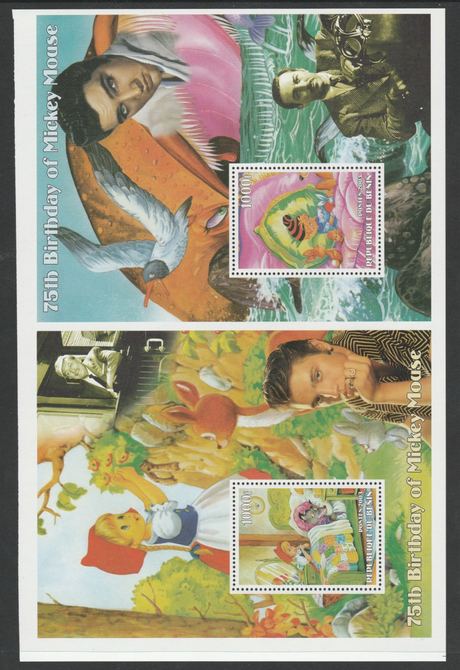 Benin 2003 uncut proof pair of perforated m/sheets (Walt Disney, Mickey Mouse & Elvis) unmounted mint. Note this item is privately produced and is offered purely on its t..., stamps on elvis, stamps on disney, stamps on mickey mouse, stamps on 