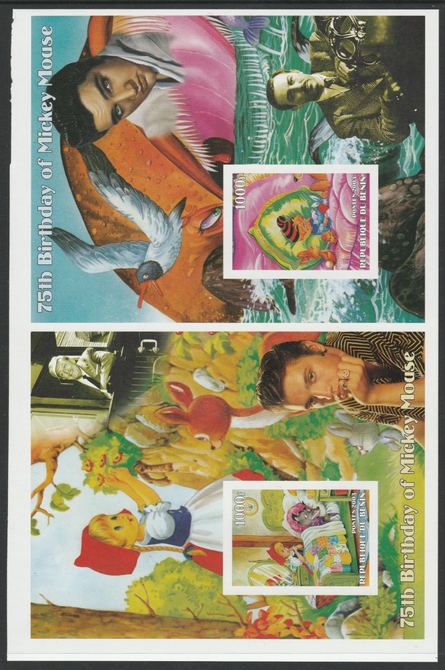 Benin 2003 uncut proof pair of imperf m/sheets (Walt Disney, Mickey Mouse & Elvis) unmounted mint. Note this item is privately produced and is offered purely on its thema..., stamps on elvis, stamps on disney, stamps on mickey mouse, stamps on 