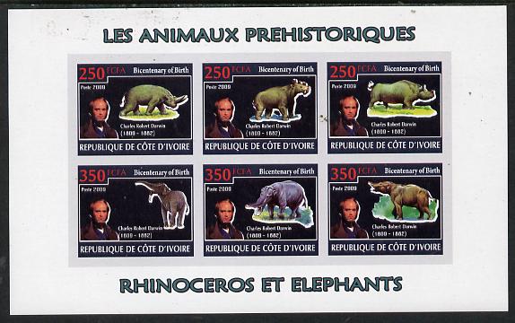 Ivory Coast 2009 Charles Darwin - Prehistoric Animals imperf sheetlet containing 6 values unmounted mint, stamps on , stamps on personalities, stamps on science, stamps on dinosaurs, stamps on darwin