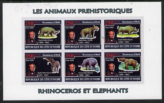 Ivory Coast 2009 Charles Darwin - Prehistoric Animals imperf sheetlet containing 6 values unmounted mint, stamps on , stamps on  stamps on , stamps on  stamps on personalities, stamps on  stamps on science, stamps on  stamps on dinosaurs, stamps on  stamps on darwin