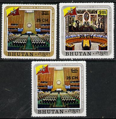 Bhutan 1978 Admission to UN (3 vals) from Prov Surcharge set of 26 of which only 2,600 sets were issued, unmounted mint SG 388-90, Mi 689 & 708-09*, stamps on united-nations