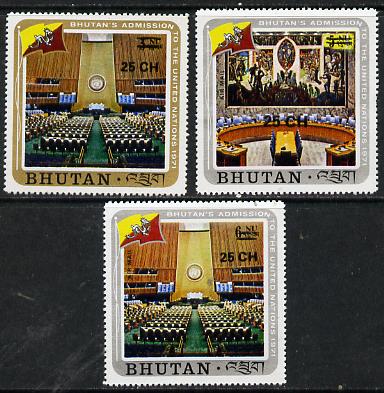 Bhutan 1978 Admission to UN (3 vals) from Prov Surcharge set of 26 of which only 2,600 sets were issued, unmounted mint SG 388-90, Mi 689 & 708-09*, stamps on , stamps on  stamps on united-nations