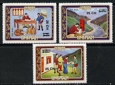 Bhutan 1978 Indipex (Postmen etc, 3 vals) from Prov Surcharge set of 26 of which only 2,600 sets were issued, unmounted mint SG 394-96, Mi 693 & 710-11*