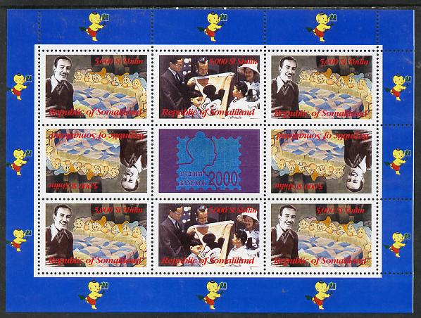 Somaliland 2000 Walt Disney & Seven Dwarfs perf sheetlet containing set of 8 values in tete-beche format plus Bangkok 2000 label unmounted mint. Note this item is privately produced and is offered purely on its thematic appeal, stamps on films, stamps on entertainments, stamps on disney, stamps on movies, stamps on cinema, stamps on stamp exhibitions