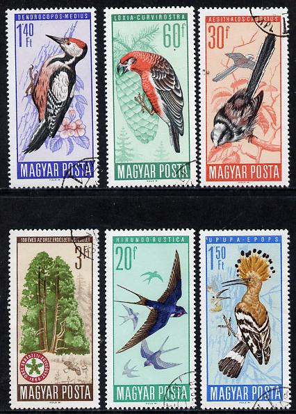 Hungary 1966 Protection of Birds cto used set of 6, SG 2184-89, stamps on , stamps on  stamps on birds    trees     woodpecker     hoopoe    swallow    tit    crossbill    lapwing