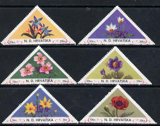 Croatia 1951 Flowers triangular perf set of 6 surcharged +5k in red unmounted mint, stamps on , stamps on  stamps on flowers     triangulars