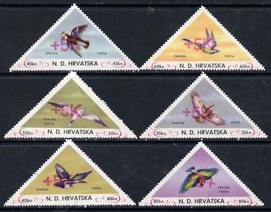 Croatia 1951 Birds triangular perf set of 6 surcharged +5k in red, unmounted mint, stamps on birds     triangulars