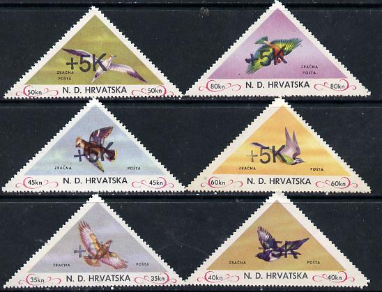 Croatia 1951 Birds triangular perf set of 6 surcharged +5k in black unmounted mint, stamps on , stamps on  stamps on birds     triangulars