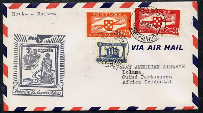 Portugal 1941 Pan American Airways First Clipper Air Mail Flight cover to Portuguese West Africa with special 'Azores' Illustrated Cachet, endorsed Horta to Bolama, stamps on aviation   