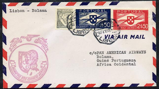 Portugal 1941 Pan American Airways First Clipper Air Mail Flight cover to Portuguese West Africa with special Lisbon to Bolama Illustrated Cachet, stamps on aviation