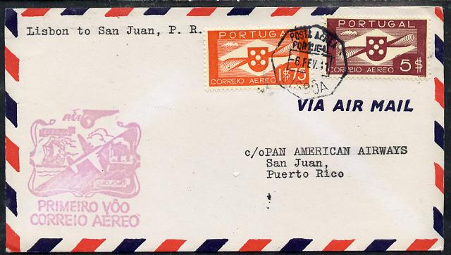 Portugal 1941 Pan American Airways First Clipper Air Mail Flight cover to Puerto Rico with special 'Lisbon to San Juan' Illustrated Cachet, stamps on aviation   