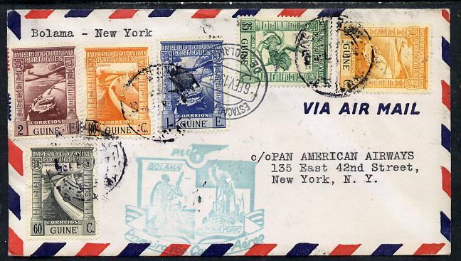 Portugal 1941 Pan American Airways First Clipper Air Mail Flight cover to USA with special 'Bolama to New York' Illustrated Cachet (Statue of Liberty), stamps on , stamps on  stamps on aviation       civil engineering    statues   americana