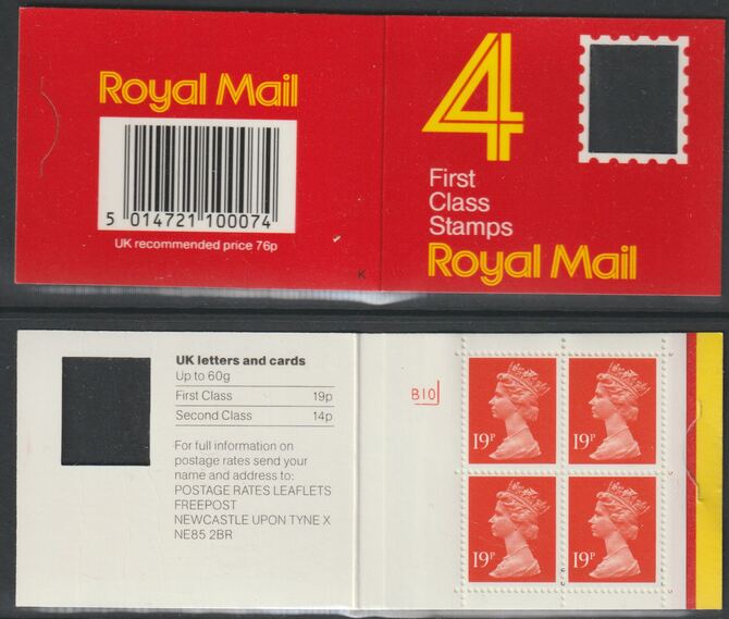 Booklet - Great Britain 1988 Laminated Window cover with 4 x 19p 1st class stamps with cyl B10, stamps on machins